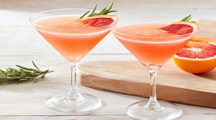 Zesty Cocktail Duo: Two elegant cocktail glasses, adorned with grapefruit and rosemary, hold a vibrant, refreshing citrus concoction, perfectly positioned on a wooden serving board.