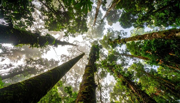 Worm's eye view captures lush canopy with mossy tree trunks reaching upwards, mist swirling through the leaves
