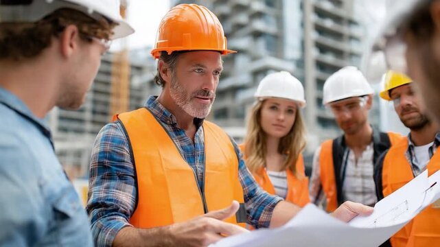 Construction Project Meeting: A construction foreman leads a project meeting with a team of construction workers, all engaged in the review of architectural plans on a bustling construction site.