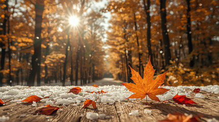 Golden autumn forest path with falling leaves and sunlight