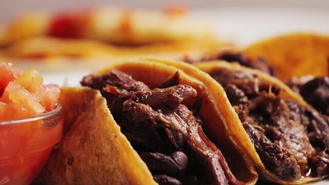 Close-up of a variation on traditional Mexican tacos made with pork and beans on corn tortillas and sauce pico de gallo. High quality 4k footage