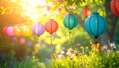 A sunny garden scene with colorful paper lanterns hanging from a tree branch amidst vibrant blossoms and green foliage. The light shines through