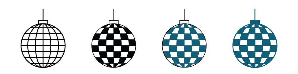 Disco ball icon on a clean white background shown in stroke outline, solid fill, flat color, and shaded color styles. Ideal for party, dance floor, nightlife, celebration, music events, retro vibe,