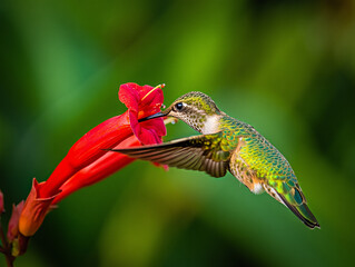 Tiny hummingbird with iridescent green feathers drinks nectar from a vibrant red tubular flower in...