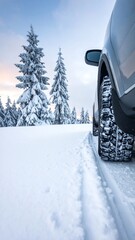 Snowy winter landscape with a car