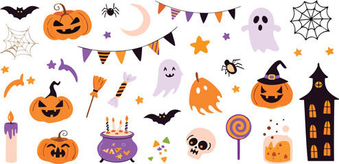 Fototapeta premium Colorful Cute Halloween Elements Collection with Pumpkins, Ghosts, Candy and Decorations