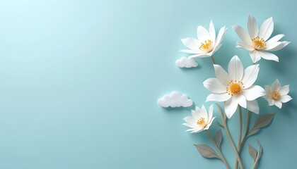 Obraz premium White flowers and clouds on pastel blue backdrop. Floral design element. Flower arrangement with green leaves on cyan color scene. Delicate composition, peace and tranquility feeling in soft light.