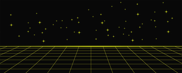 Retro cyberpunk style 80s game scene pixel art 8-bit sci-fi background. glowing neon grid and stars from vintage arcade computer games.