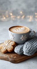 Winter coffee art, cookie, scarf & blurred lights backdrop