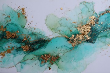 Teal and gold inks swirl and blend creating abstract liquid art.