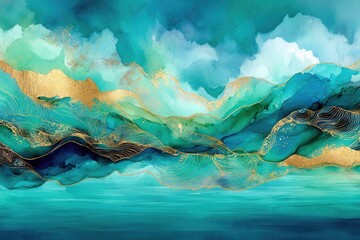Flowing abstract waves of turquoise and teal with gold accents.