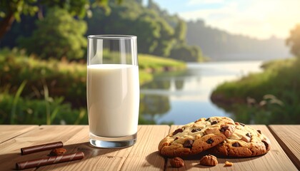 A tall glass of white liquid and a stack of chocolate chip cookies sit on a wooden surface with a bright, natural landscape background