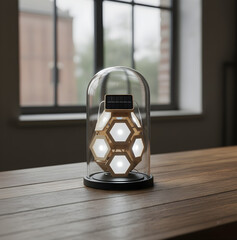 Solar panel enclosed inside a glass dome on a wooden table, symbol of renewable energy, sustainability, and innovation