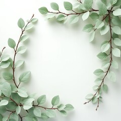 Naklejka premium Green leaves on thin branches create natural frame against white background. Design perfect for spring summer themes evoking growth, freshness. Simple aesthetic offers ample copy space for text.