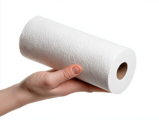 Fototapeta premium A hand holding a roll of white paper towels with a textured surface against a white background view