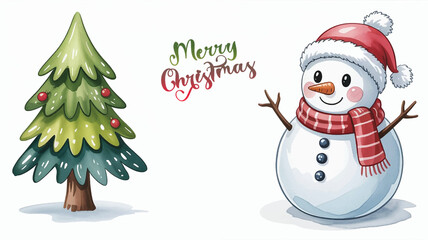 Adorable watercolor snowman with red scarf and hat beside decorated Christmas tree with festive greeting text