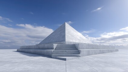 A modern geometric pyramid structure with wide stairs under a cloudy sky.