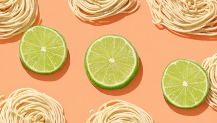 Noodles & lime slices, simple flatlay
