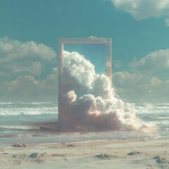 Surreal portal frames fluffy clouds bursting from the ocean onto a sandy beach.