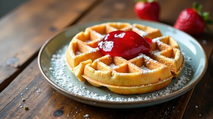 Delicious Golden Waffle Topped with Sweet Berry Preserves and Powdered Sugar on Rustic Table