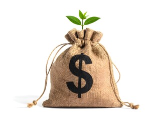 A burlap money bag with a dollar sign and a small green plant growing from the top, symbolizing financial growth and investment, on a light background.