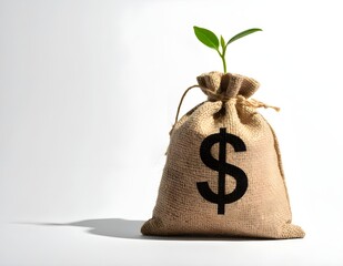 A burlap money bag with a dollar sign and a small green plant growing from the top, symbolizing financial growth and investment, on a light background.