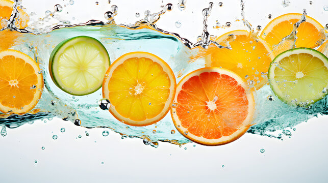 Colorful citrus fruits splash into clear water creating a refreshing and vibrant visual display - Powered by Adobe
