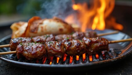 Close up of lamb kebabs grilling on smokey bbq plate. Juicy meat wrapped on plate. Delicious fastfood. Lamb dish is flavorful and exotic. Warm grill. Food catering.