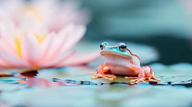 A tiny tree frog with iridescent skin perched on floating lily pad beside soft pink water bloom