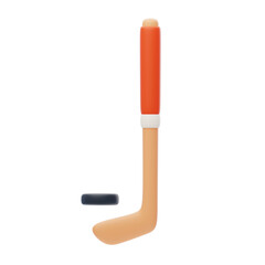 Orange and White Hockey Stick with Black Puck on Transparent Background