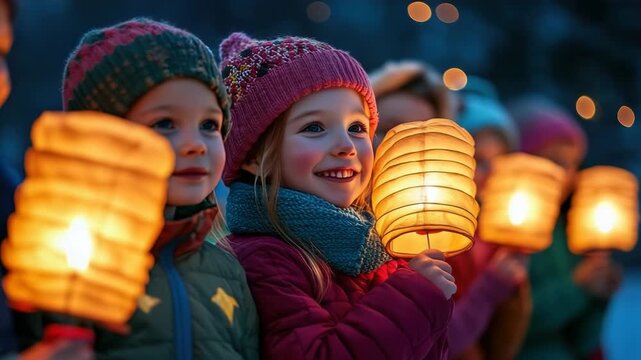 Cheerful children in warm winter coats walk a lantern parade at St. Martins Day, faces glowing from candlelight as families celebrate the German evening tradition together
