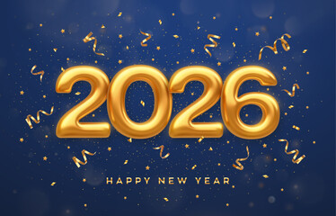 Happy New Year 2026. Golden 3D numbers 2026 on blue background. Realistic festive metallic luxury gold numbers. Happy New Year poster, party invitation. Merry Christmas card. Vector illustration.
