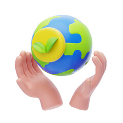 Hands Gently Holding Planet Earth with Green Leaf Symbol Representing Environmental Care and Sustainability Concept