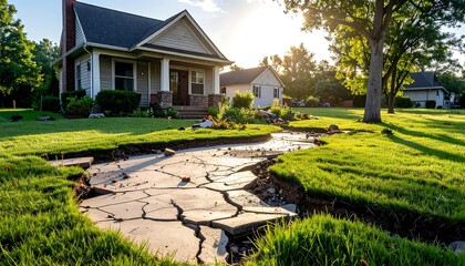 A sunny image shows a house with a damaged concrete driveway, grass and trees fill the front yard, suggesting destruction