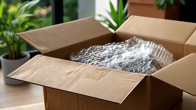 Unboxing a new item with bubble wrap in a cozy indoor setting filled with plants and natural light