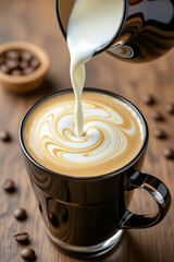 photorealistic image of milk pouring into black iced coffee, blending into smooth light brown swirls, set against a rustic wooden table with subtle coffee bean accents