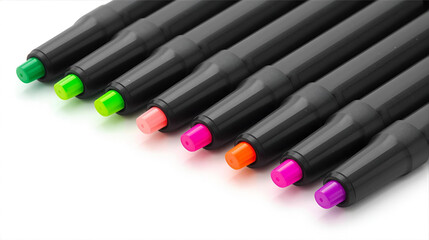 Naklejka premium A vibrant group of colorful felt tip pens and markers are isolated on a white background, perfect tools for drawing and art in school or the office