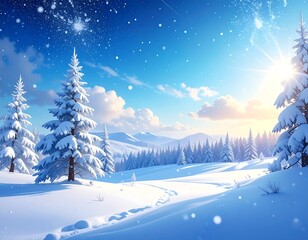 Snowy winter landscape with sun