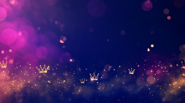 Sparkling crown design with glittering lights on a dark background and copy space