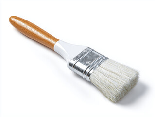 A paint brush with a wooden handle and white bristles lying on a white surface in a studio setting