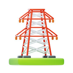 Red And White Transmission Tower With White Wires And Orange Insulators On Green Ground In Front Of Transparent Background