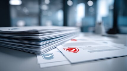 A stack of documents with security icons, suggesting a focus on data protection and information management in a professional setting.