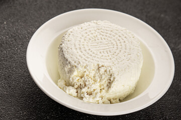 Cottage cheese fermented milk product portion size natural product tasty snack fresh delicious gourmet food background on the table rustic top view copy space keto and paleo diet