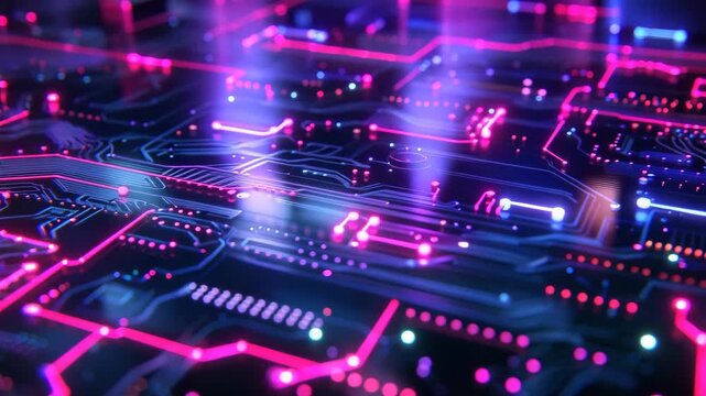 Abstract digital circuitry glowing with vibrant magenta and sapphire illumination, depicting data flow and advanced technology
