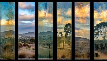 Panoramic landscape artwork with segmented view of rolling hills and sky.