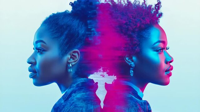 Striking duotone artistic interpretation of two women's profiles blending with digital glitch effect in vibrant neon hues, portraying captivating duality