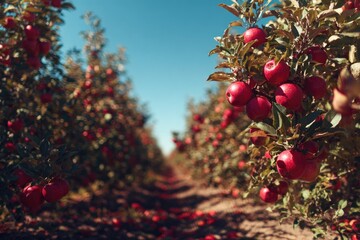 Ripe apples hang in an orchard on a sunny fall day
