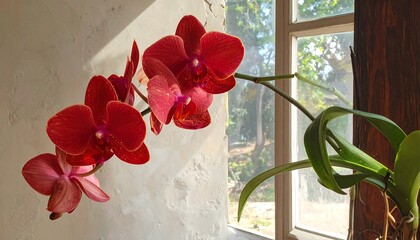 Close-up of vibrant red orchid blossoms with a sunny window backdrop