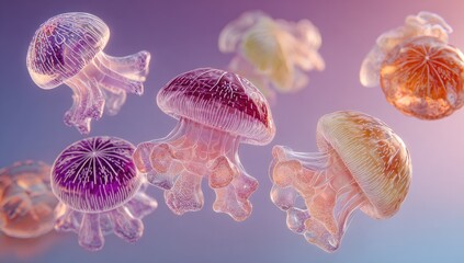 Translucent, colorful jellyfish float in ethereal gradient light