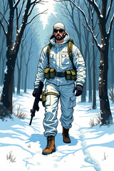 Man in snow camouflage gear walking confidently through winter forest